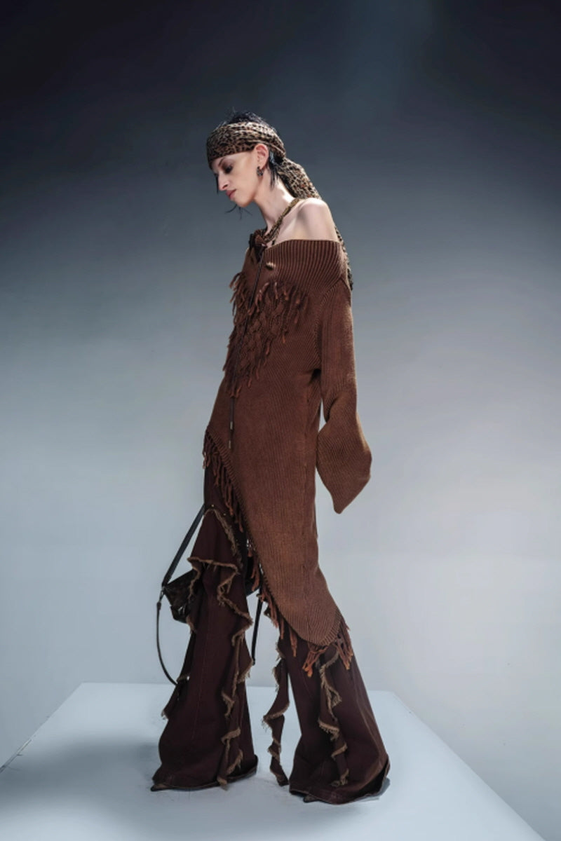 Bohemian Spirit Asymmetrical Fringe Sweater-Brown