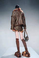 Boundary Shift Fur-Trimmed Leather Skirt-Brown