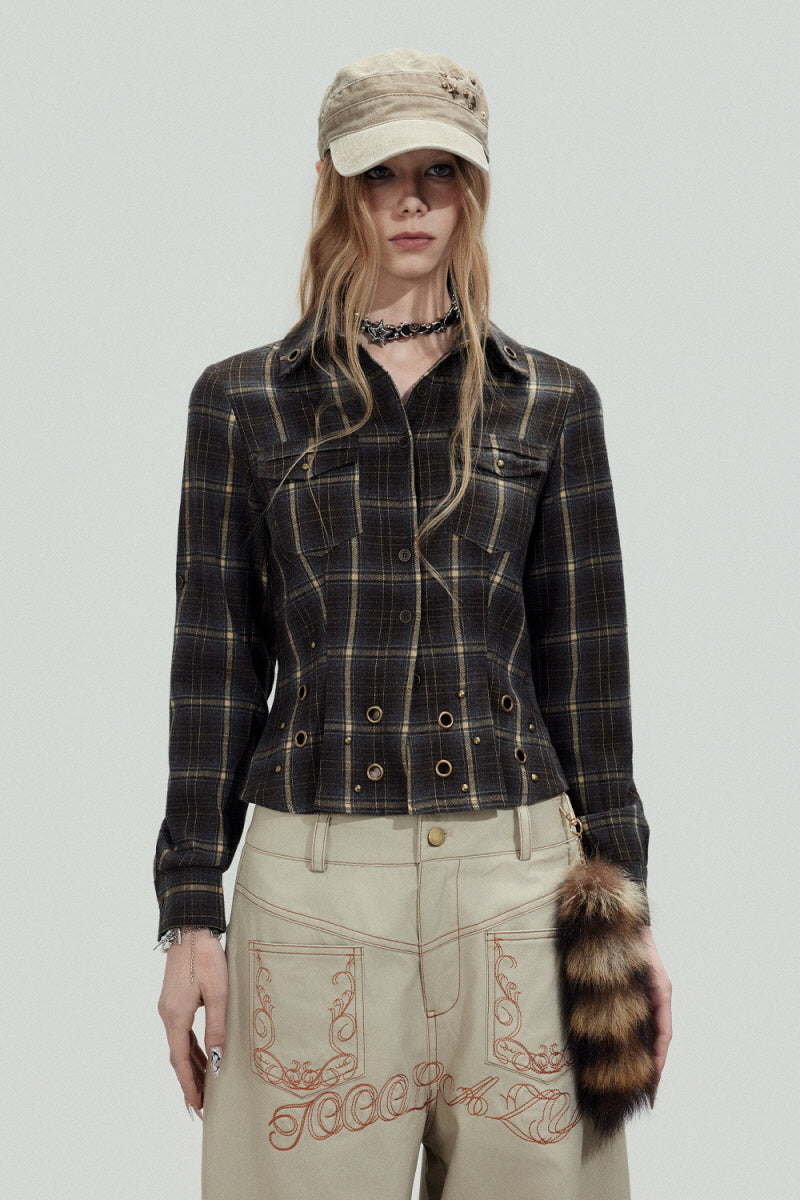 Dark Plaid Cropped Slim Shirt