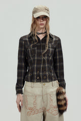 Dark Plaid Cropped Slim Shirt