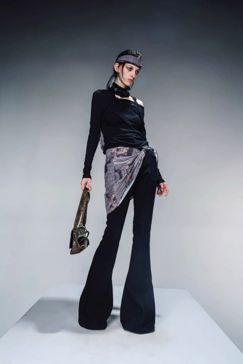 Velvet Whisper Layered Bootcut Pants (Including Silk Scarf) - Black