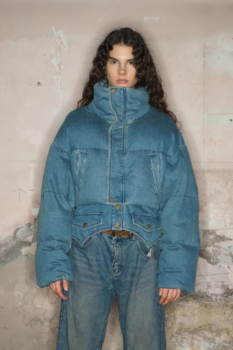 Cropped Denim Down Puffer Jacket