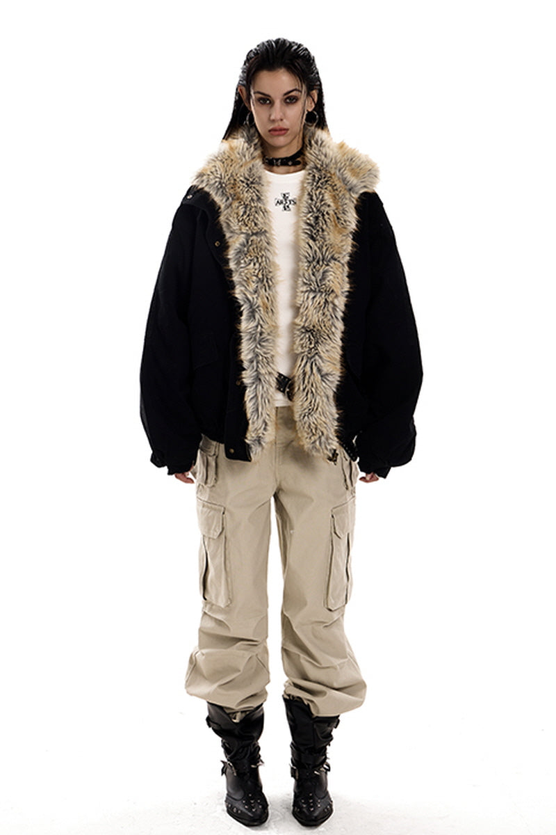 Feral City Fur-Collar Jacket - Black