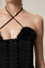 Velvet Edge Corset & Fur-Trim Flare Pants Set