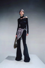 Velvet Whisper Layered Bootcut Pants (Including Silk Scarf) - Black