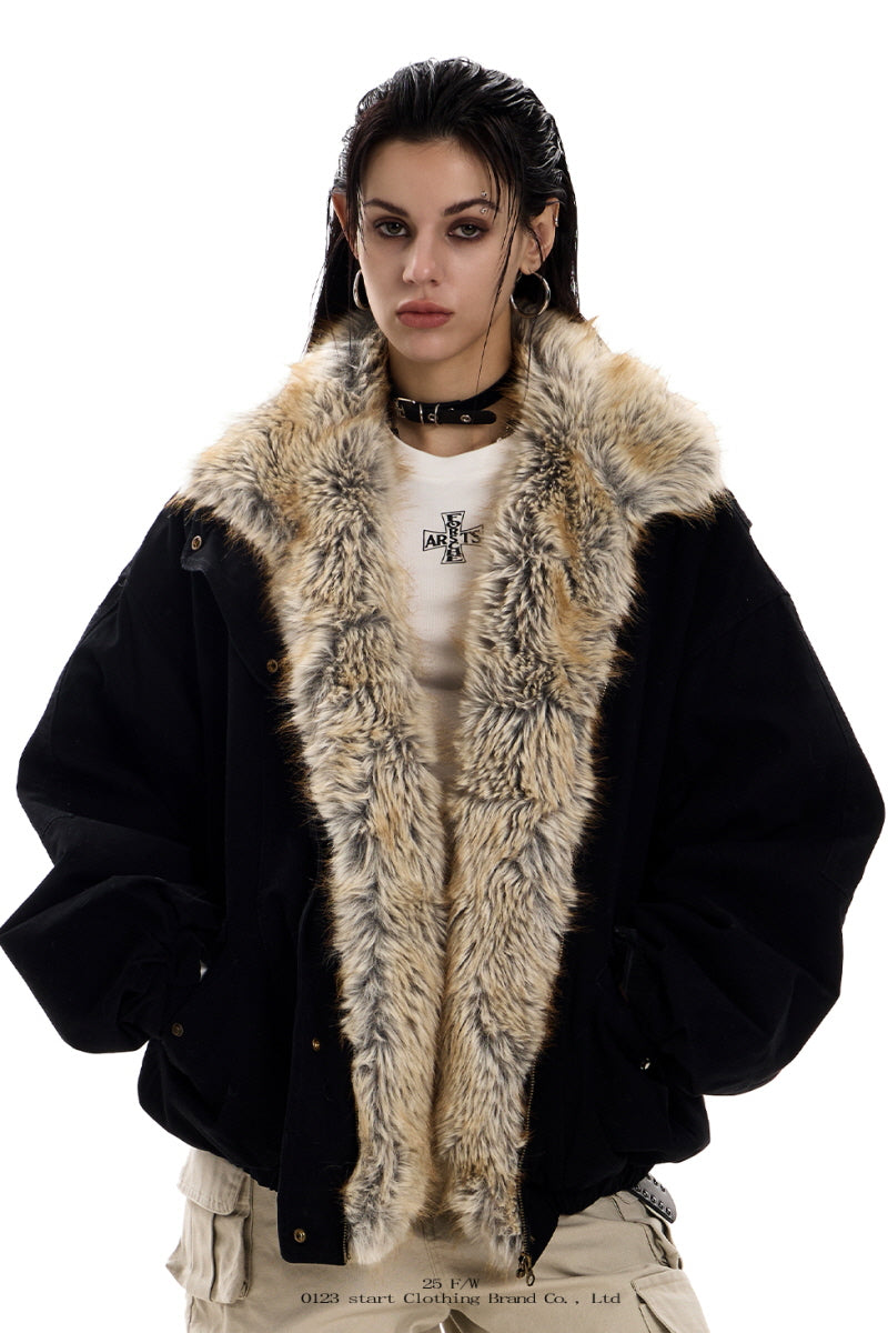 Feral City Fur-Collar Jacket - Black