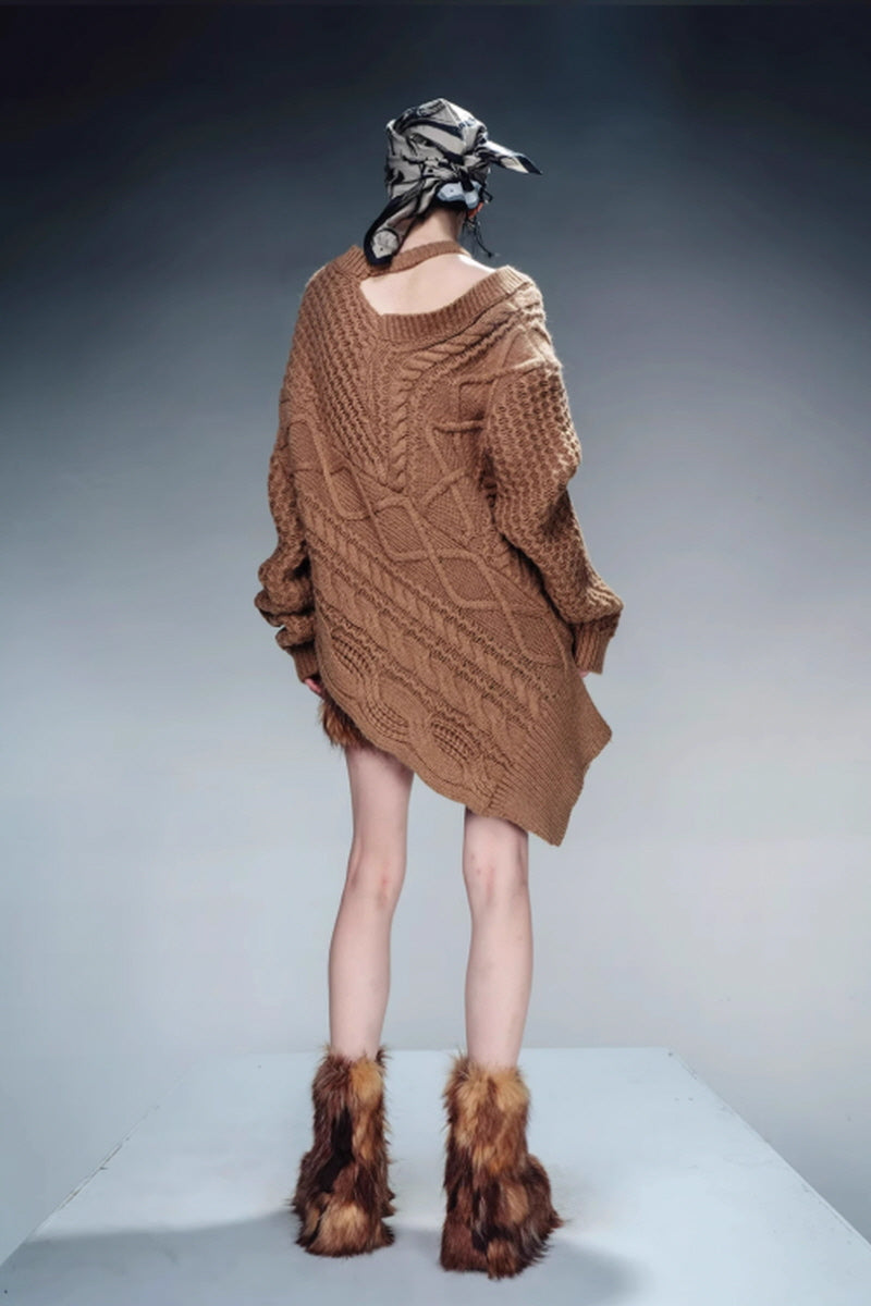 Asymmetrical Cozy Drape Knit Pullover-Brown