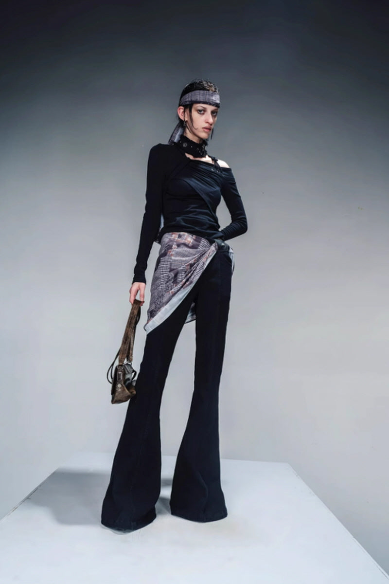 Velvet Whisper Layered Bootcut Pants (Including Silk Scarf) - Black