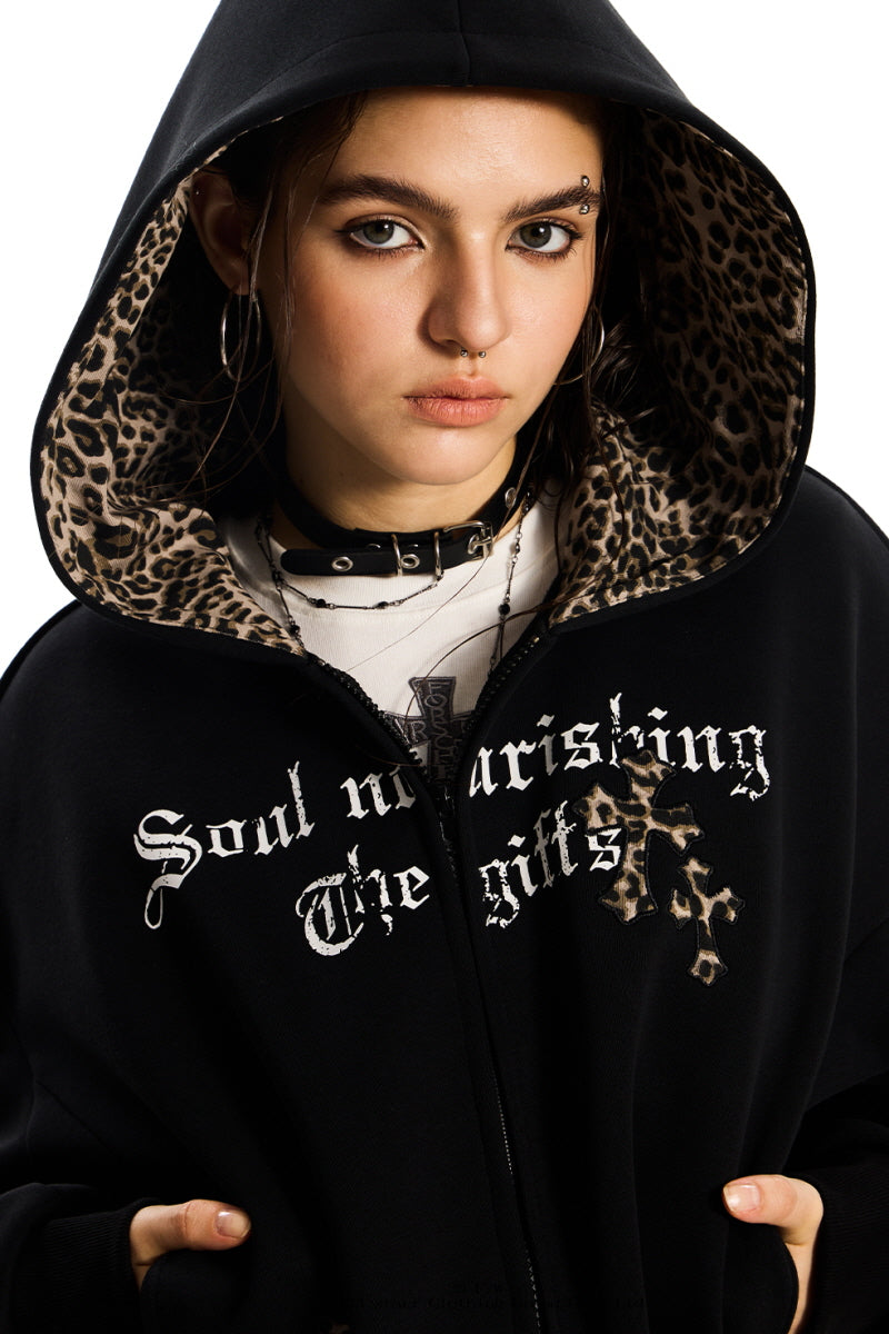 Leopard Crest Cropped Hoodie - Black