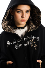 Leopard Crest Cropped Hoodie - Black