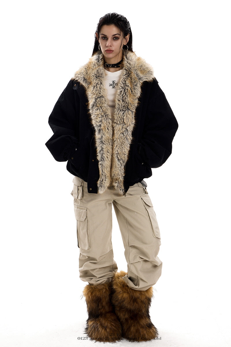 Feral City Fur-Collar Jacket - Black