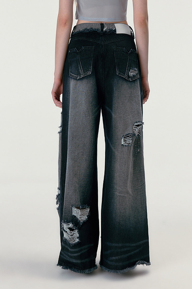 Ripped Black Wide-Leg Retro Denim Pants