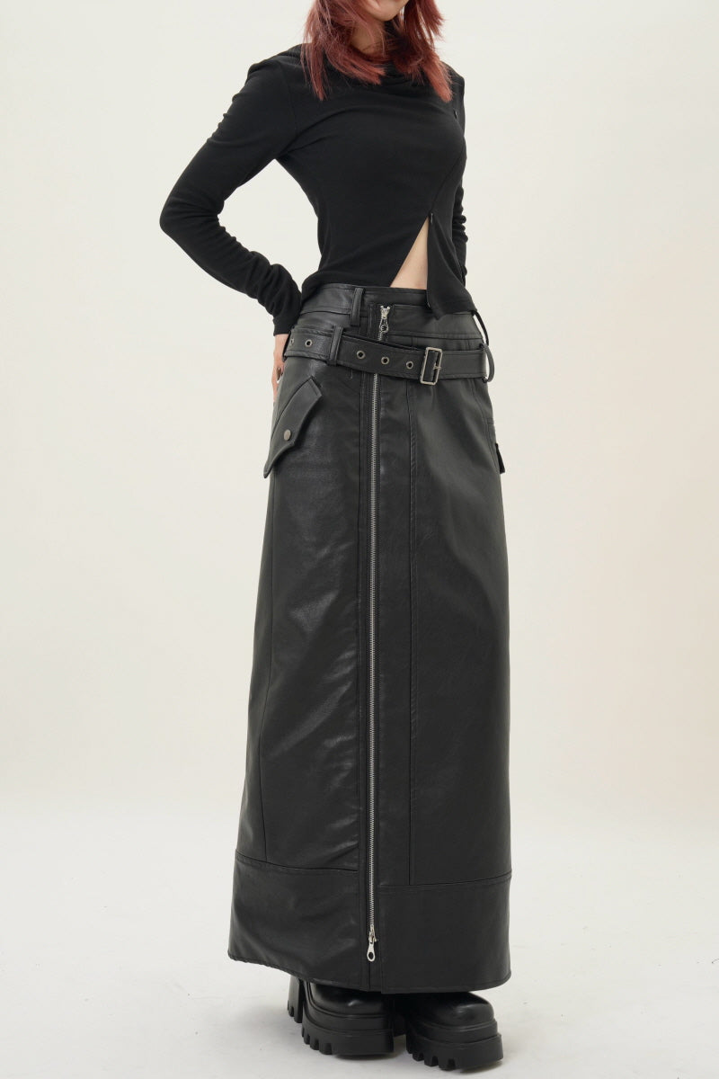 Midnight Edge Zipper Leather Skirt