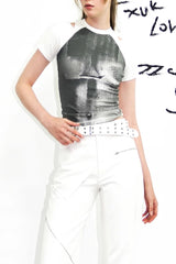 Illusion Mesh Print Slim T-Shirt