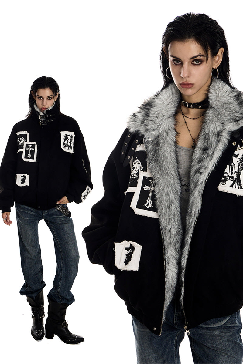 Shadow Patch Fur-Collar Warm Jacket - Black