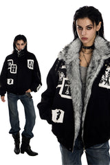 Shadow Patch Fur-Collar Warm Jacket - Black