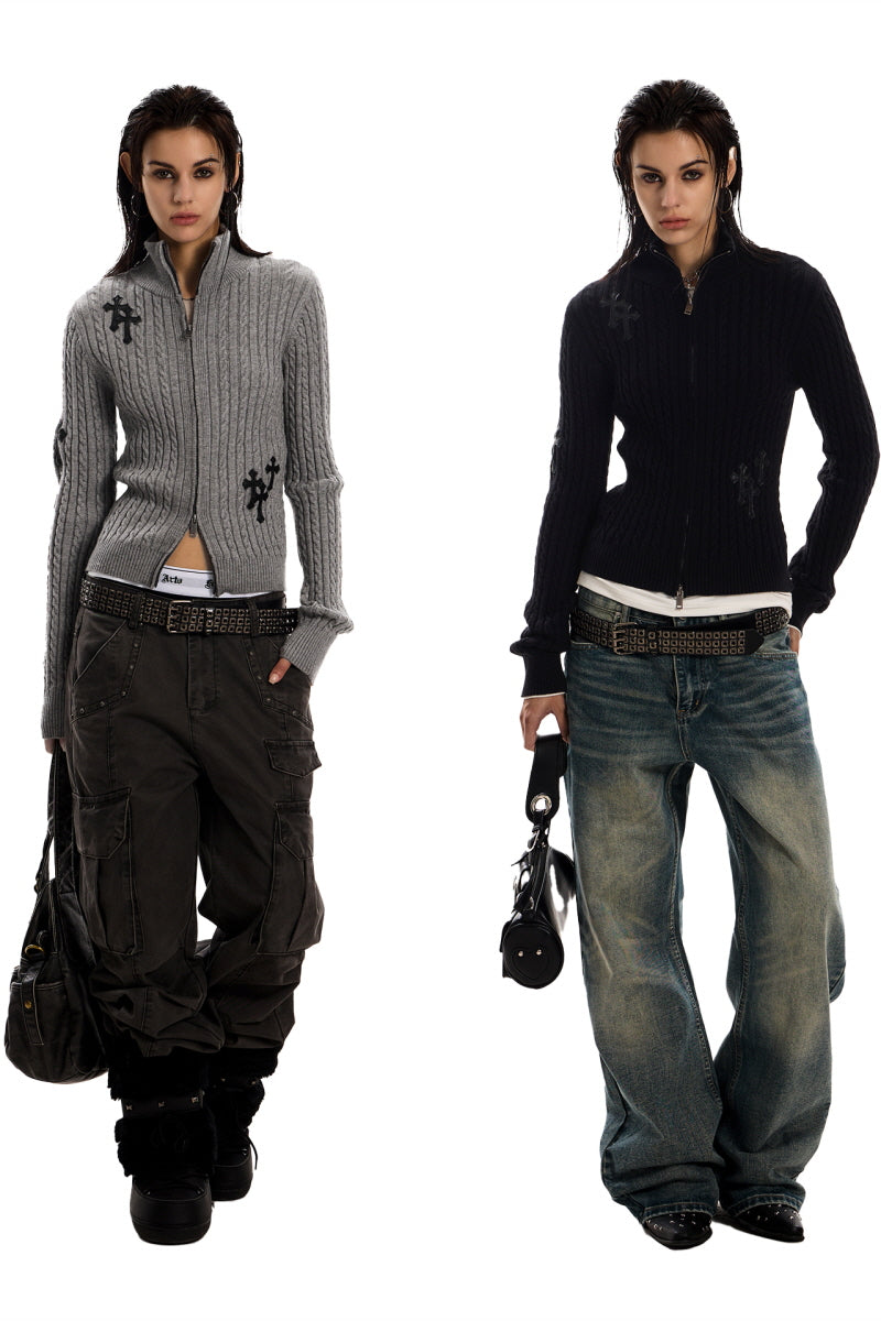 Cross-Stitch Slim Zip Knit Jacket