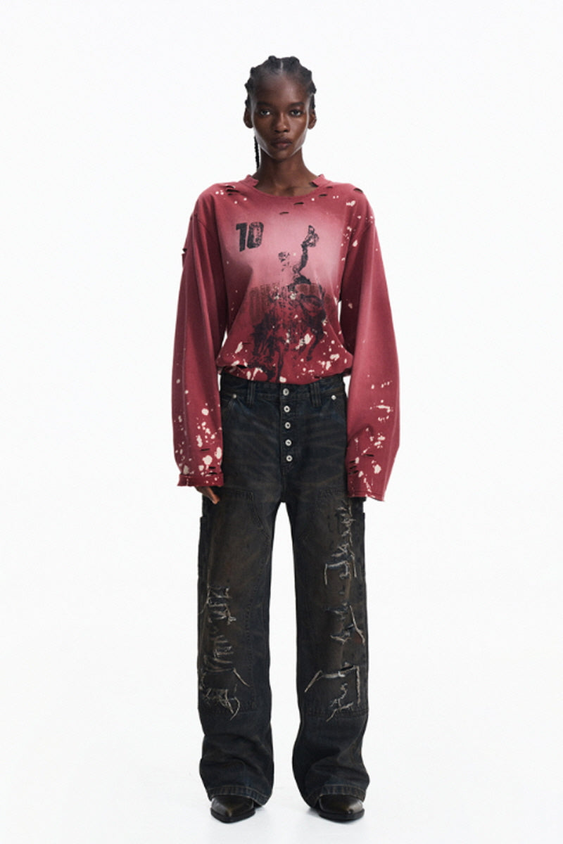 Paint-Splatter Graphic Long Sleeve T-Shirt