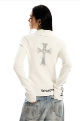 Crossed Shadows Ribbed Zip Sweater - White