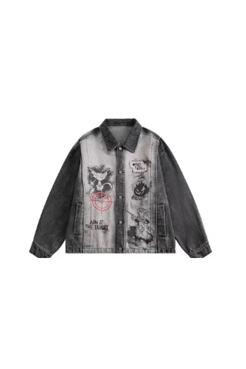 Target Locked Distressed Graphic Denim Jacket