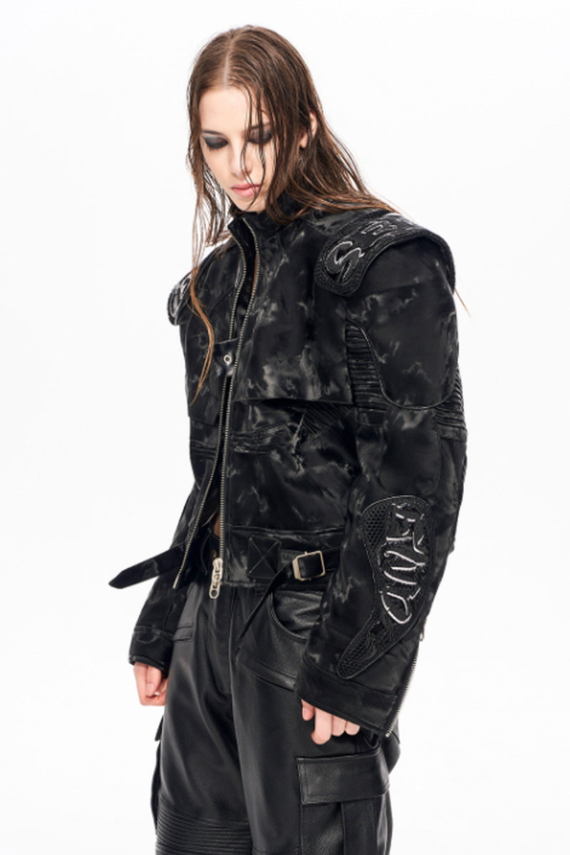 Obsidian Edge Cropped Biker Leather Jacket - Black