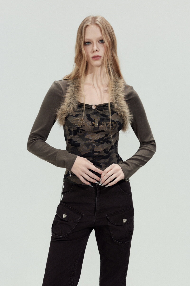 Fur Trim Camo Slim Top