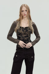 Fur Trim Camo Slim Top