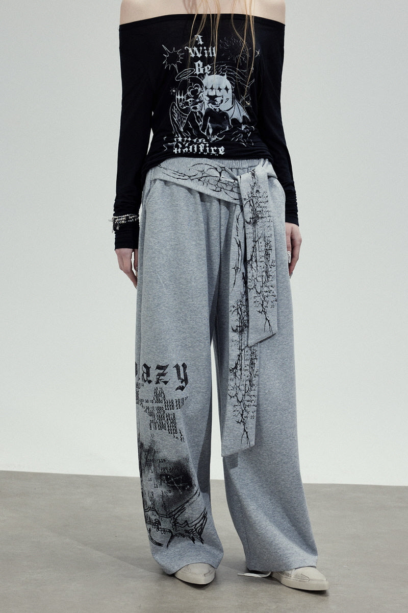 Graphic Tie Wide Sweatpants - Gray