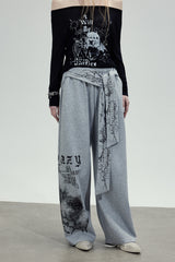 Graphic Tie Wide Sweatpants - Gray