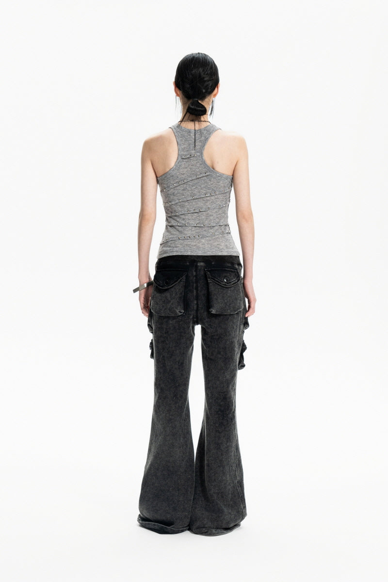 Shadow Trails Distressed Cargo Flare Pants