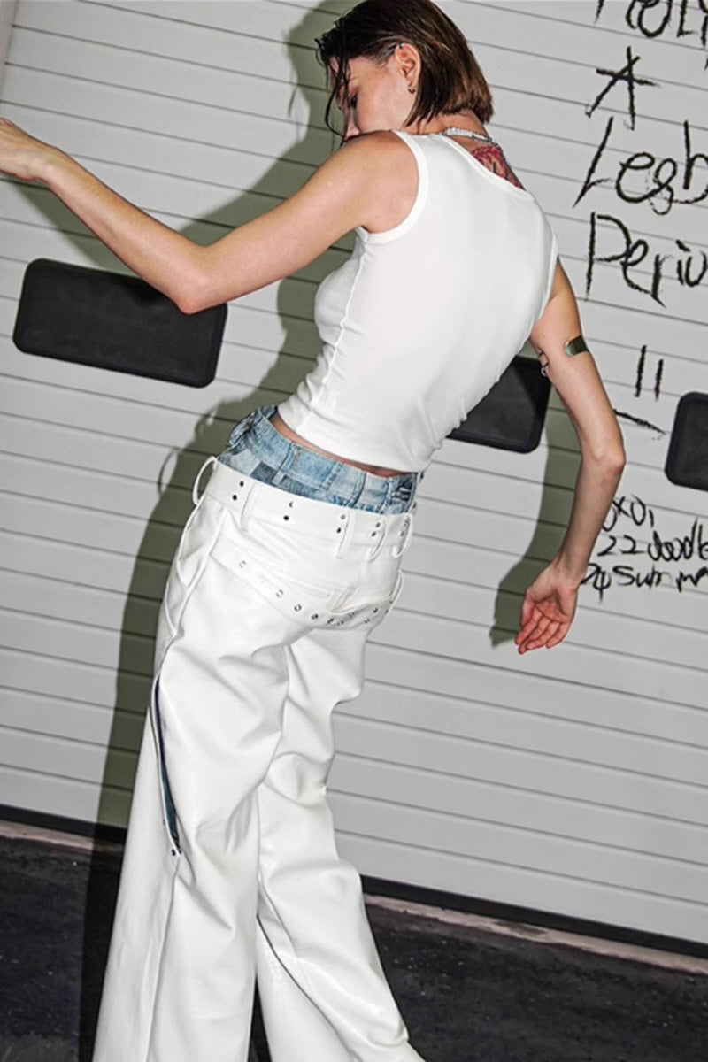 Street Heat Double-Layered Punk Leather Pants-White