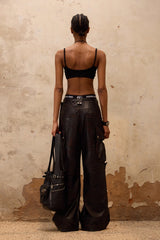 Rivet-Edged Wide-Leg Leather Pants