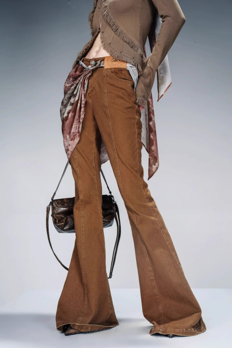 Velvet Whisper Layered Bootcut Pants (Including Silk Scarf) - Brown