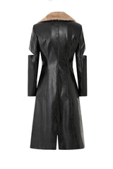 Cut-Out Fur Collar Leather Trench Coat