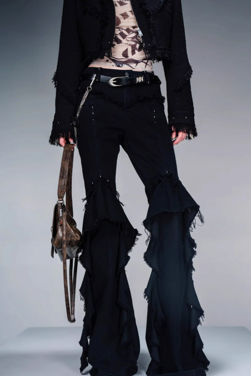 Fringe Rhythm Flared Pants-Black