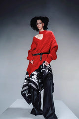 Asymmetrical Cozy Drape Knit Pullover-Red