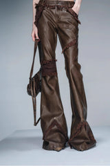 Raw Edge Layered Leather Pants with Detachable Fur Accents-Brown