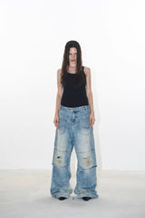 Dual-Layer Distressed Washed Wide-Leg Jeans