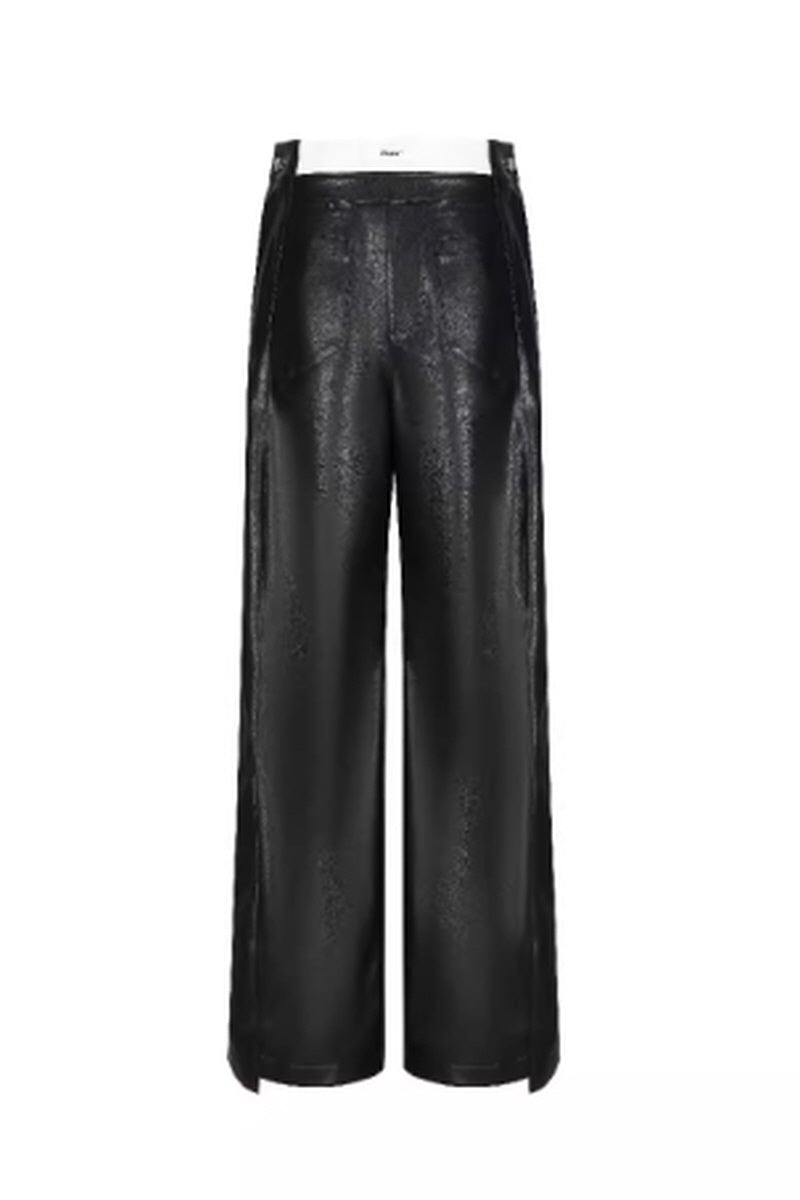 Wide-Leg Leather Pants with Upgraded Fabric Details