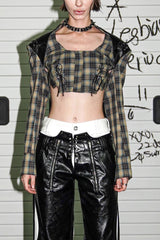 Green Plaid Leather Patchwork Crop Top