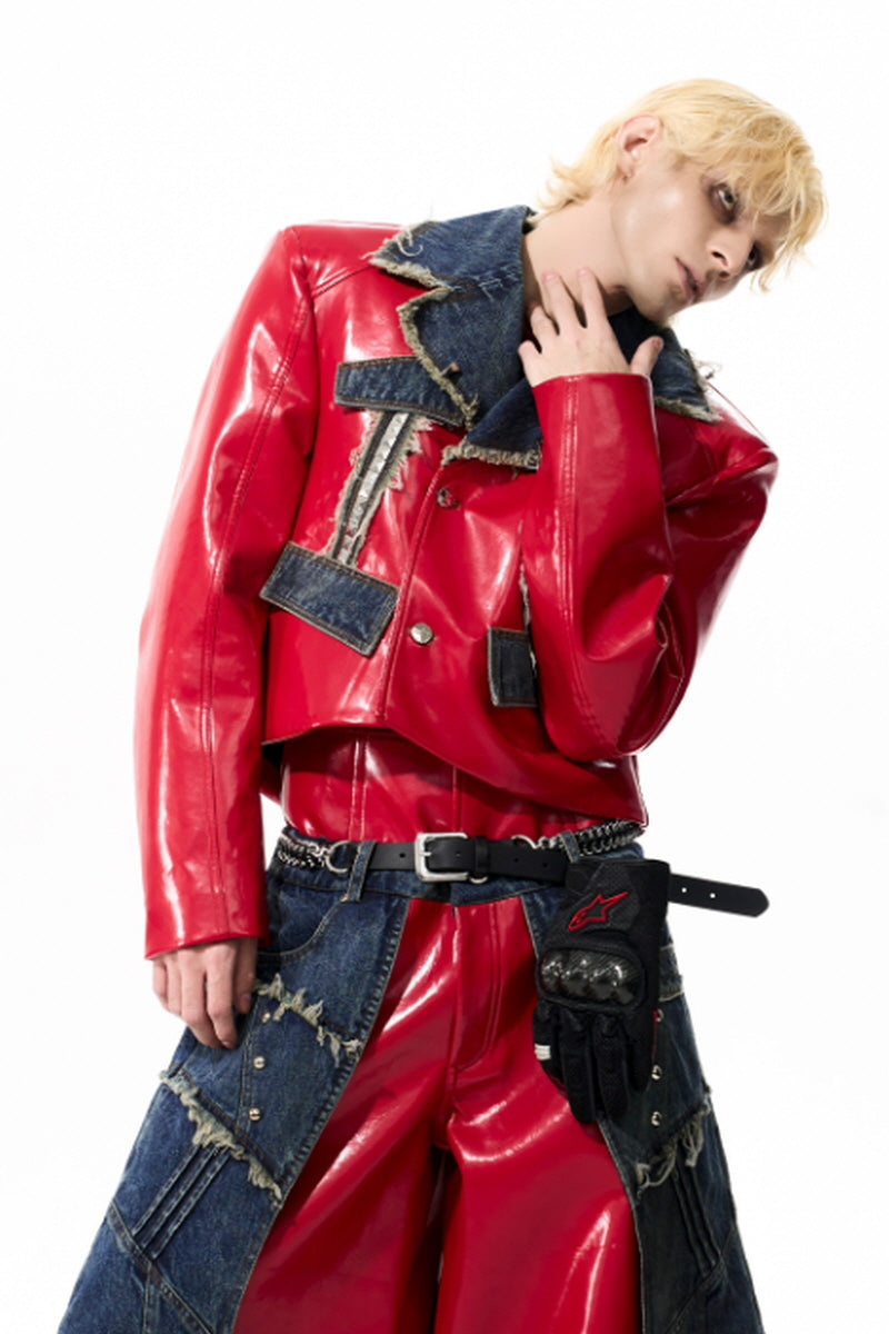 Raw Riot Denim-Panel Cropped Leather Jacket - Red