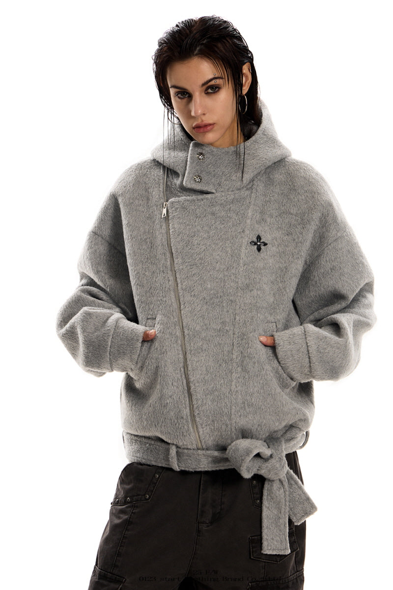 Urban Wool Tie-Belt Hoodie Jacket