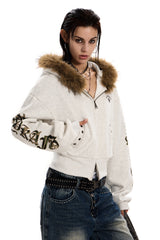 Fur-Trim Rebel Crop Hoodie -Gray