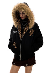 Leopard Cross Faux-Fur Hooded Bomber - Black
