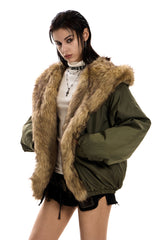 Urban Wolf Faux Fur Oversized Parka - Army Green
