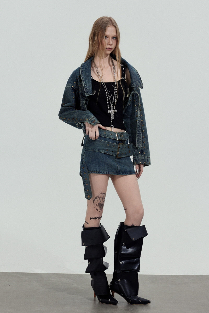 Double Belt Denim Mini Skirt