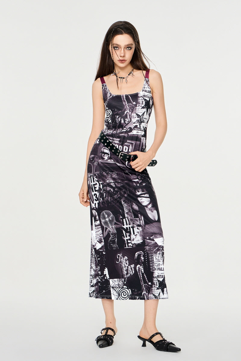 Midnight Rebellion Graphic Slip Dress