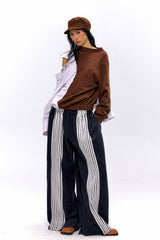 Dual Identity Striped Contrast Sweatshirt - Brown