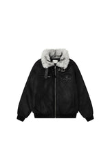 Shadow Crest Faux-Fur Suede Bomber Jacket - Black