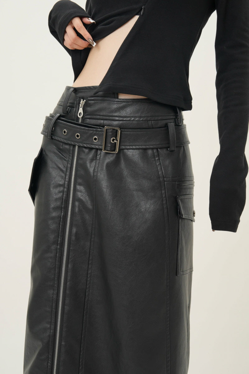 Midnight Edge Zipper Leather Skirt